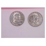 Two 1954 D Franklin Half Dollar Coins