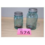 Two Blue Ball Jars with Metal Lids