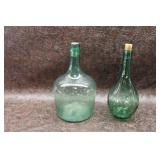 Two Vintage Green Glass Demijohn Bottles