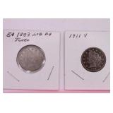 1883 and 1911 Liberty Head V Nickel Coins