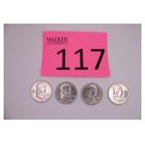 Four 1954 D Franklin Half Dollar Coins