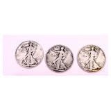 Three 1937 Walking Liberty Half Dollar Coins