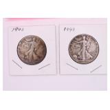Two 1943 Walking Liberty Half Dollar Coins