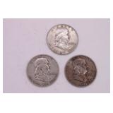 Three 1954 D Franklin Half Dollar Coins