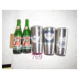 Two Vintage 7 Up Bottles / 3 Yeti Tumblers