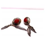 Sterling Silver & Red Coral Concho Earrings