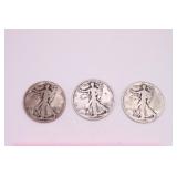 Three 1937 Walking Liberty Half Dollar Coins