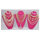 15 Pc Faux Pearl Necklace Lot + 2 Bracelets