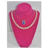 Pearl Strand & Blue Pendant Necklace Set