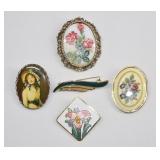 5 Pc Vintage Floral & Cameo Brooch Lot