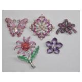 5 Pc Rhinestone & Enamel Brooch Lot