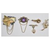 Vintage Brooch Lot w/ Chains & Cameo (5)