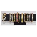 14 Pc Gold Tone Bracelet Lot Rhinestones