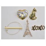 Gold Tone Brooch Lot Eiffel Tower & XOXO