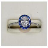 Sterling CZ & Sapphire Halo Ring Sz 10