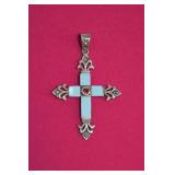 Sterling Cross Pendant w Blue Stones 2'