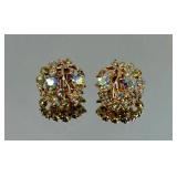 AB Rhinestone Gold Tone Clip Earrings