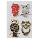 Owl Brooch Lot 4pc Rhinestone & Enamel