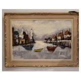 Harbor Scene Oil Painting Signed 32x44