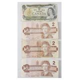 Canada $1 & $2 Banknotes Lot 4 pcs