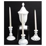 Milk Glass Candlesticks & Lidded Jar Lot