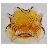 MCM Chalet Amber Art Glass Piecrust Dish 7'