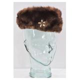 Vintage Mink Fur Hat w Floral Brooch