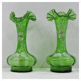 Pair Green Glass Floral Bud Vases