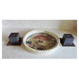 Pair Sq Canndles And Wicker Serving Tray