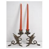 Vintage Griffin Form Candlesticks Antiqued Brass