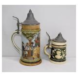 2 German Ceramic Beer Steins with Pewter Lids