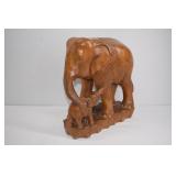 Hand-Carved Wood Elephant & Calf Sculpture