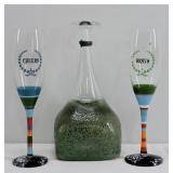 Art Glass Decanter & Painted Flutes ï¿½ 3 Pc