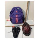 Adidas back pack/ new bicycle seat & helmet
