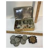 Tin box with medallions/ buttons/ pins- see