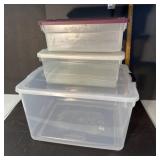 3 Assorted size Rubbermaid totes with lids
