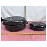 Two Black Enamel Roasting Pans
