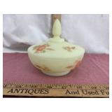 Yellow satin glass covered dish hand painted