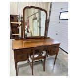Wooden Vanity With Mirror and Chair