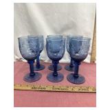 Six Vintage Blue Embossed Glass Wine Goblets -