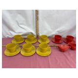 Melmac Yellow and Red Cups and Saucers