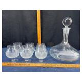 Etched Glass Decanter with 6 Glasses