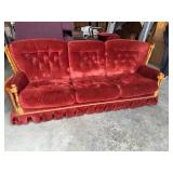 Red Velvet and Wood Frame Sofa