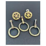 Five antique brass cabinet/drawer pulls, three