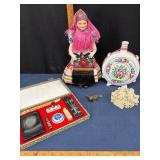 Doll, Porcelain Flask, and Art Items