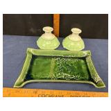 Green Ceramic Tray and Candleholders