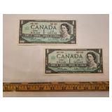 1967 Canadian 1 Dollar Bills x 2 ï¿½ Smoke Free