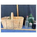 Wood Basket with Assorted Bottles