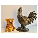 Vintage honey jar, 6? tall, resin rooster, 11?