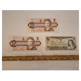 1973 & 1986 Canadian 1 & 2 Dollar Bills - Smoke
